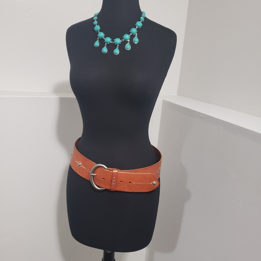 Fossil Genuine Leather Wide Waist Belt Tan O Ring Studded Western Size Medium